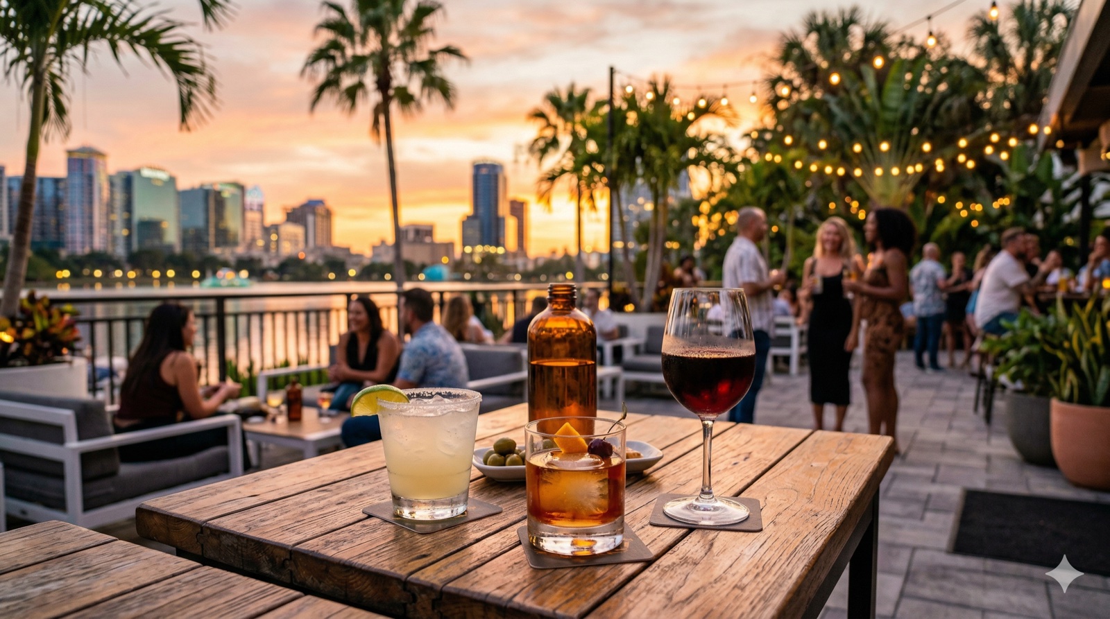 Outdoor happy hour scene in Orlando with craft cocktails at golden hour
